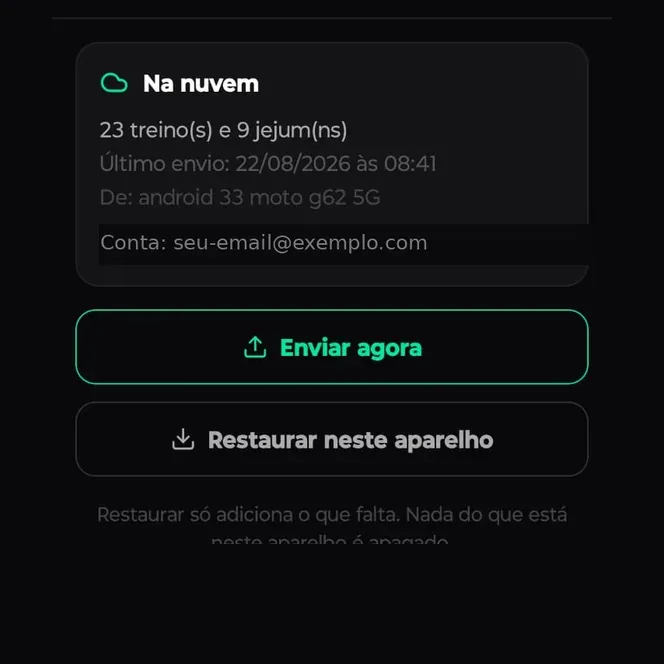 Tela de backup em nuvem com data do último envio e opções de enviar e restaurar