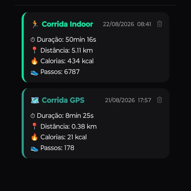 Histórico de treinos com corridas e jejuns registrados