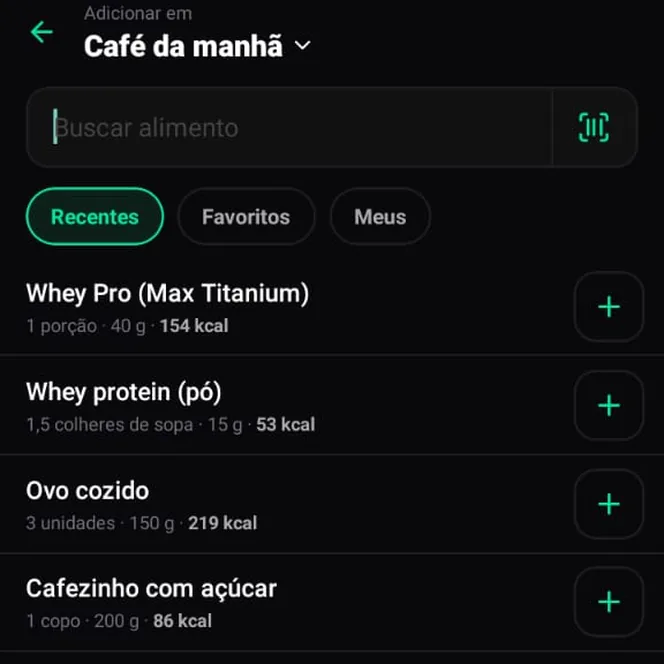 Busca de alimentos com recentes, favoritos e o botão do leitor de código de barras
