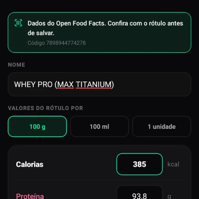 Produto lido pelo código de barras, com os dados do Open Food Facts para conferir antes de salvar