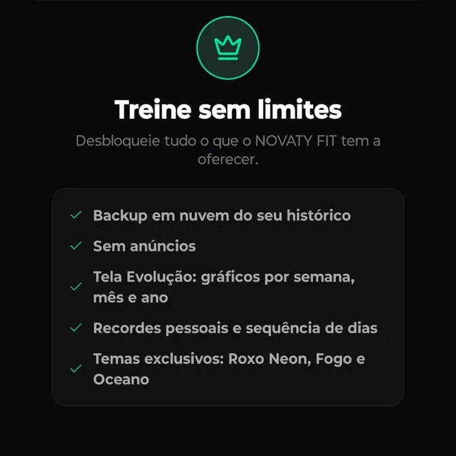Tela do Novaty Premium com a lista de recursos incluídos