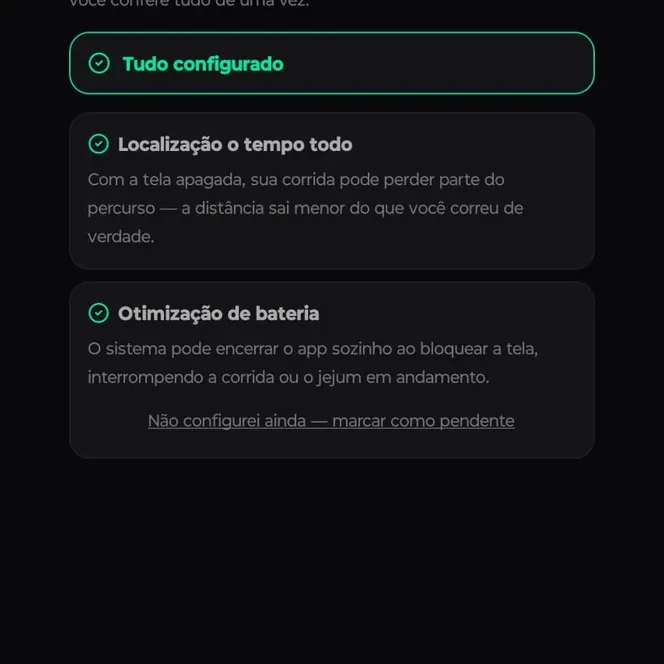 Tela Preparar o aparelho com os quatro ajustes do Android verificados