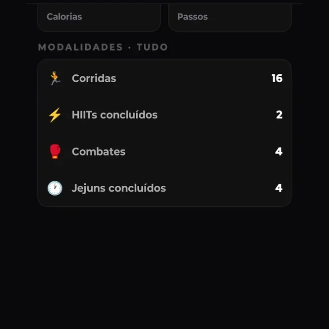 Totais por modalidade e lista de recordes pessoais