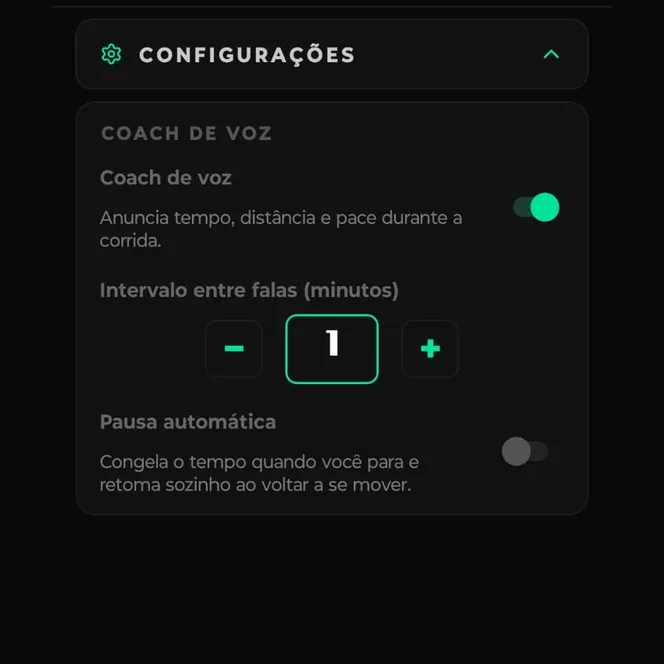 Configurações da corrida com treinador por voz e pausa automática