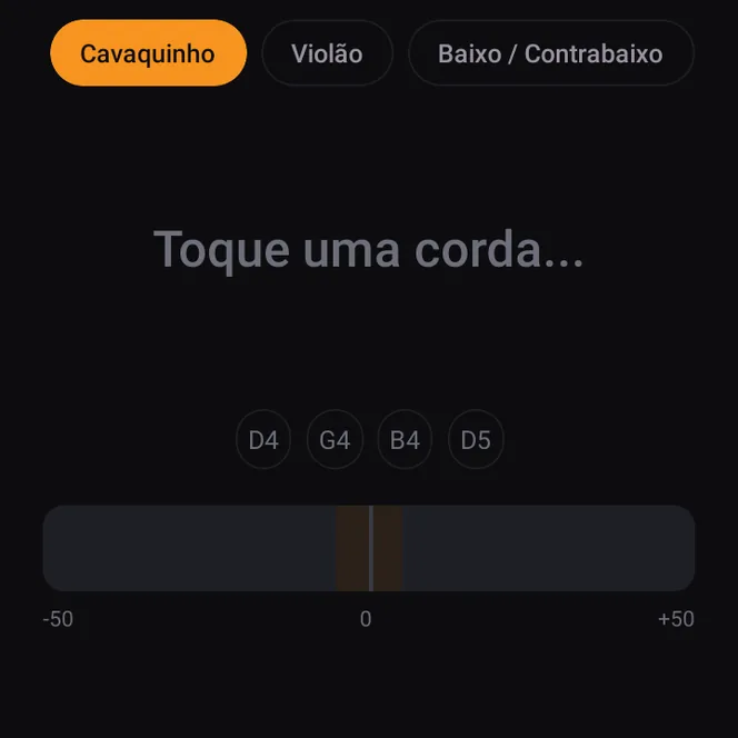 Afinador com o cavaquinho selecionado, as notas das cordas e a escala de −50 a +50