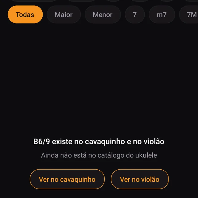 Busca mostrando que o acorde ainda não está no ukulele e existe no cavaquinho e no violão