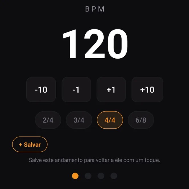 Metrônomo em 120 BPM, compasso 4/4 e o botão para salvar o andamento